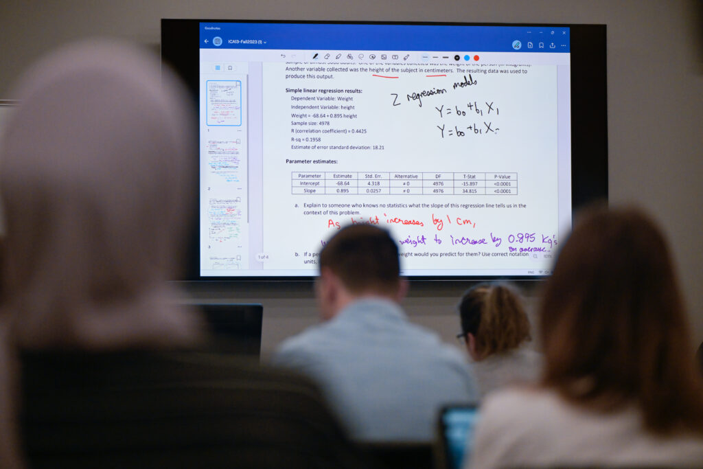 Students learn about statistics in an OIT ClassTech-managed classroom in SAS Hall. Photo by Marc Hall.