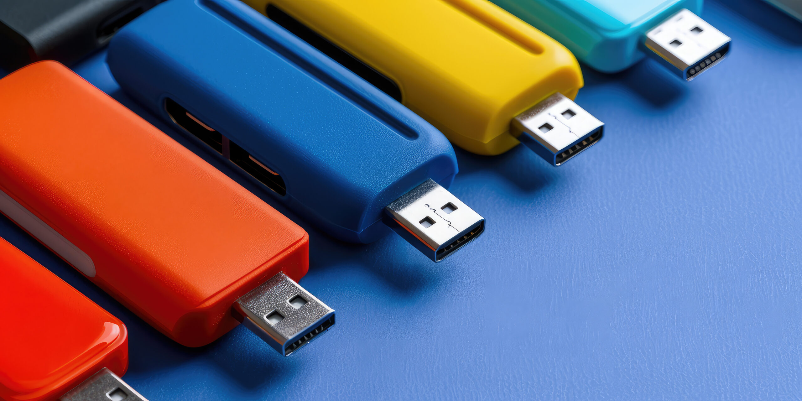 Variety of USB flash drives in different colors and sizes.  