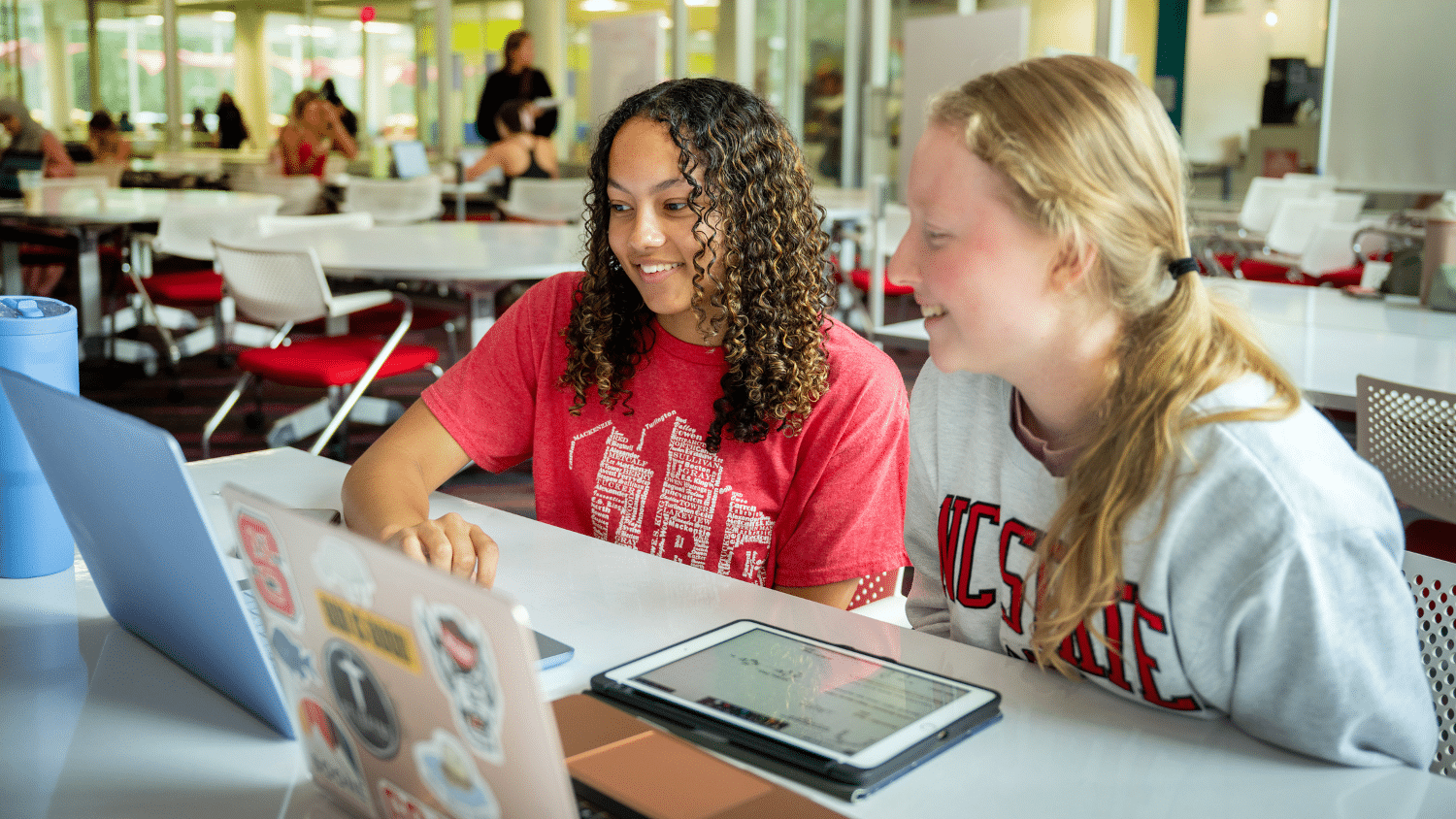 Two students look at a laptop together